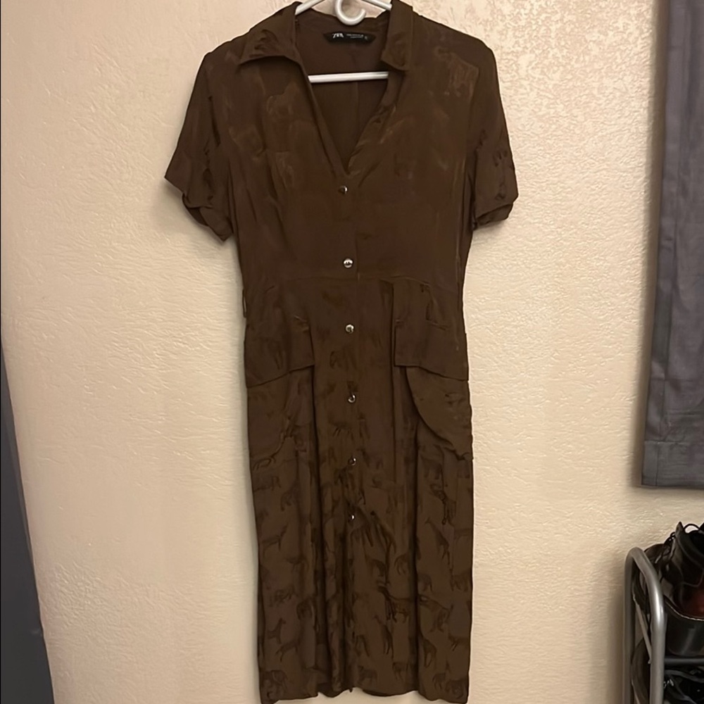 Zara Brown Midi Shirt Dress Notched Collar